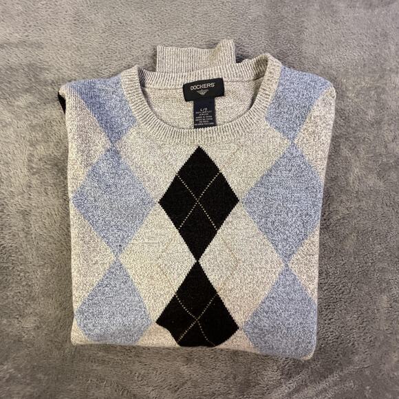 Dockers Sweater Mens Large Gray Blue Argyle Crewneck Pullover Knit Casual Golf - Picture 10 of 10